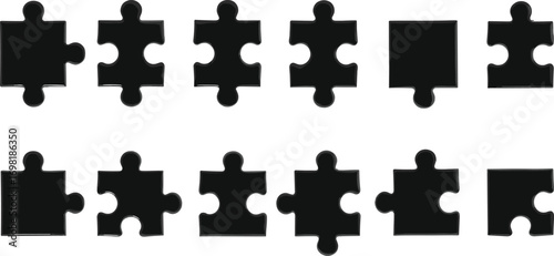 Black jigsaw puzzle pieces on white, symbolizing problem-solving, strategy, connection, challenge, and the search for resolution in complex tasks or concepts