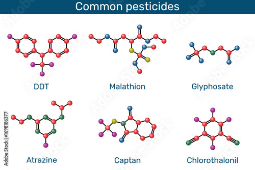 Common pesticides molecule. Ball-and-stick models.. DDT, malathion, glyphosate, atrazine, captan, chlorothalonil