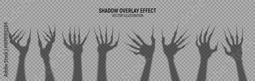 Halloween scary hands collection. Set of transparent shadows of witches hands with long nails for Halloween decoration. Vector illustration of scary monster hands isolated on checkered background.