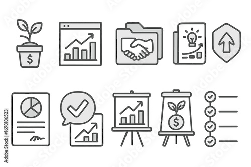 Business and finance outline icon set. growth, profit visualization icons collection