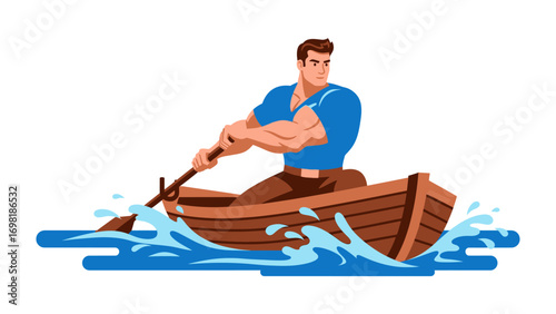 Man Rowing Boat: A robust individual, brimming with determination, navigates a small wooden vessel through the serene expanse of water.