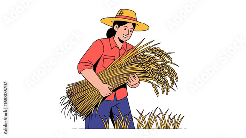 Harvesting Abundance: A diligent worker harvests a bountiful bundle of golden wheat, embodying the essence of labor and the rewarding yield of the earth. 