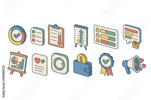 Business and finance icon set: 3d style graphics for data, charts, marketing tools