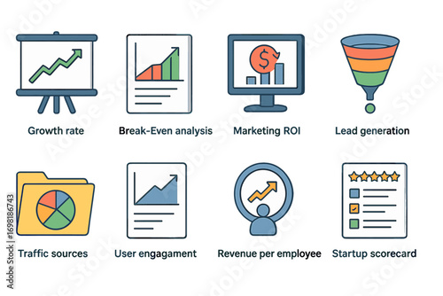 Business analytics flat icon set. finance, strategy, metrics icons collection