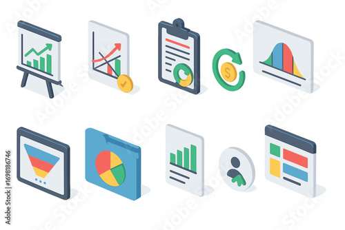 Business analytics 3d icon set for data, charts, graphs, reporting, and finance