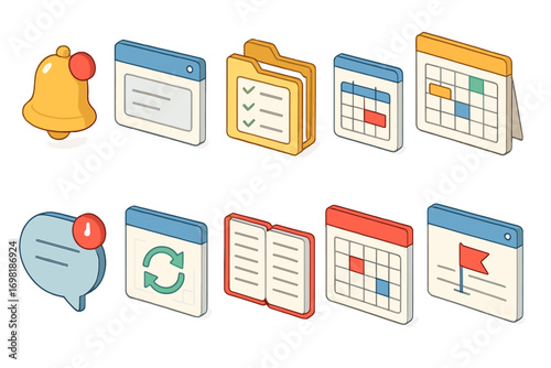 Communication and organization 3d icon set. bell, schedule, chat in vibrant 3d