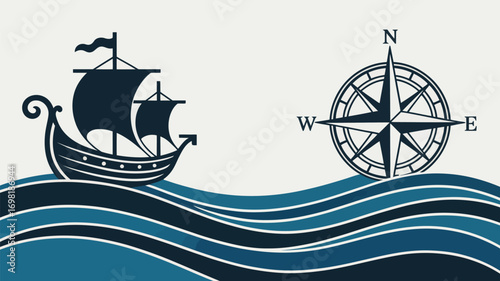 A graphic illustration of a sailing ship on waves with a compass rose against a light background