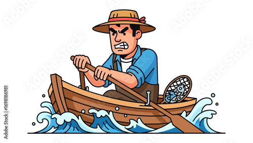 Determined Angler: An angler battles the waves, rowing his small boat with focused determination. Capturing the spirit of perseverance and the thrill of the aquatic adventure.