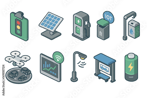 Smart city 3d icon set. urban technology, green building, iot icons in 3d style