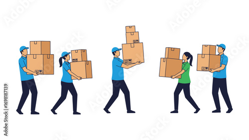 Moving boxes: People are seen delivering or moving cardboard boxes.