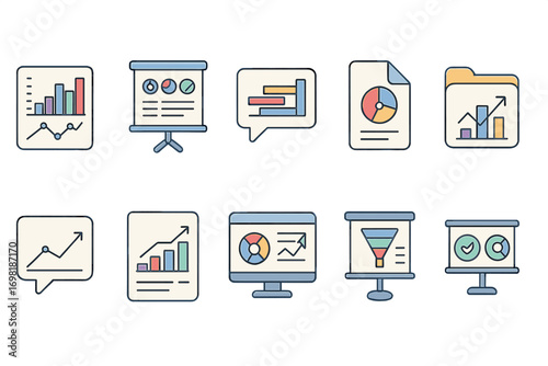 Business, analytics line icon set. data, graph, chart, presentation line collection