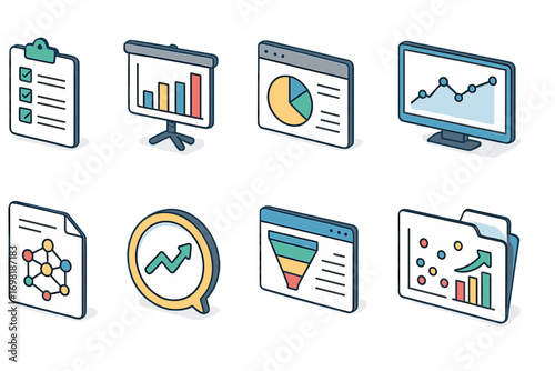 Business and analytics 3d icon set: data visualization, strategy, marketing essentials