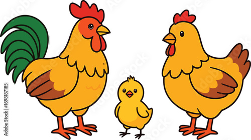 Happy Family of Chickens Rooster, Hen, and Chick Illustration
