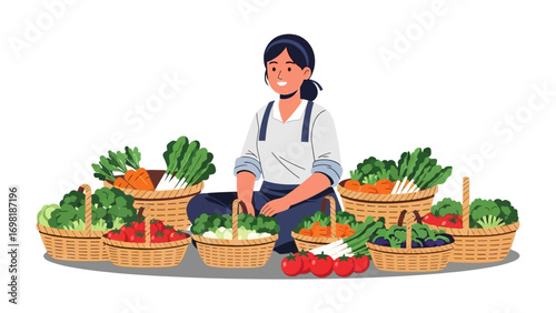 Fresh Harvest: A smiling individual surrounded by baskets overflows with a vibrant array of just-picked produce, celebrating the essence of nature's bounty. The image evokes a sense of abundance.