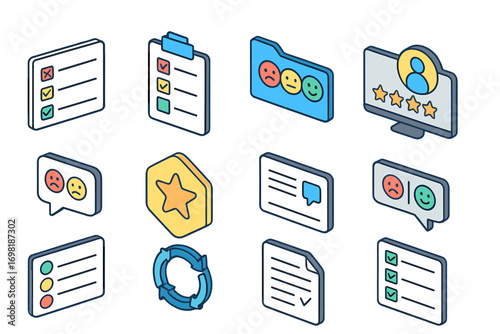 Review and feedback icon set. communication, rating, flat style visuals collection