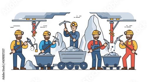 Dwarven Miners at Work: A team of dedicated miners, equipped with their tools, diligently extract minerals from the earth in a rugged underground operation.