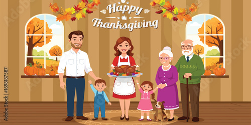 Cartoon illustration of a happy multi-generational family with grandparents, parents, and children gathered for a festive holiday meal