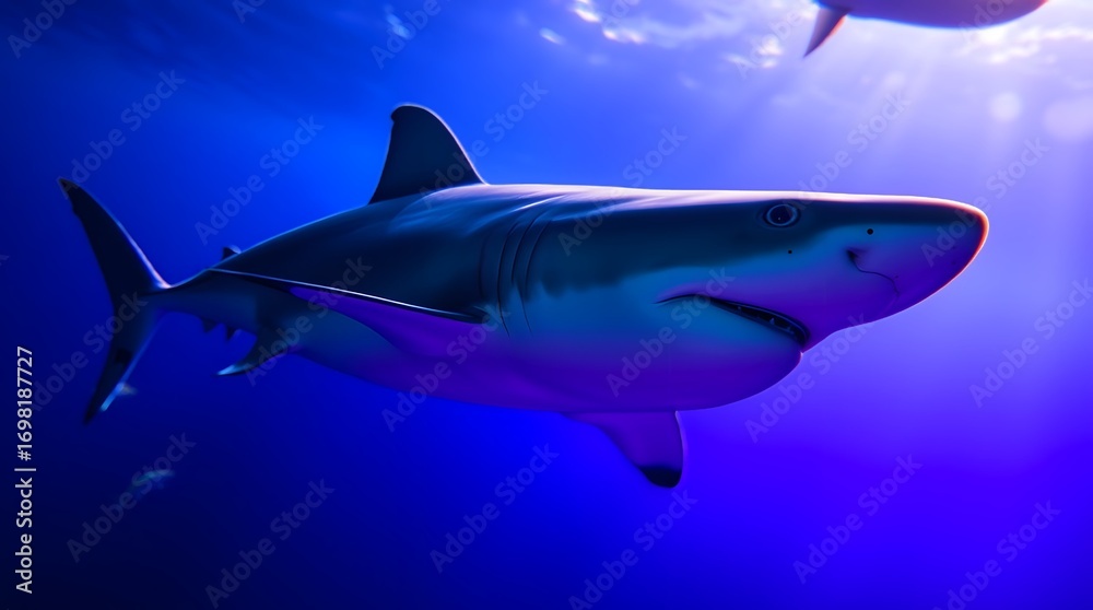 Fototapeta premium Shark Swimming in Deep Blue Ocean with Light Filtering from Above and Streamlined Silhouette in Foreground