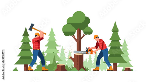 Deforestation & Lumberjacks: A detailed illustration captures lumberjacks using an axe and a chainsaw, undertaking the activity of cutting down trees and the process of deforestation.