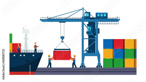 Maritime Logistics: Dockworkers diligently load a cargo container onto a massive freighter, showcasing the complex orchestration of global trade and transport.