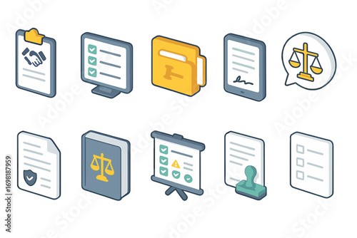 Legal and justice 3d icon set. law, court, attorney icons collection