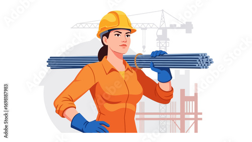 Woman Engineer at Work: A determined woman, wearing a hardhat and work attire, confidently carries construction materials on site, embodies strength and resilience in the industry.
