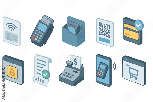 Payment processing flat icon set with contactless and digital transaction symbols