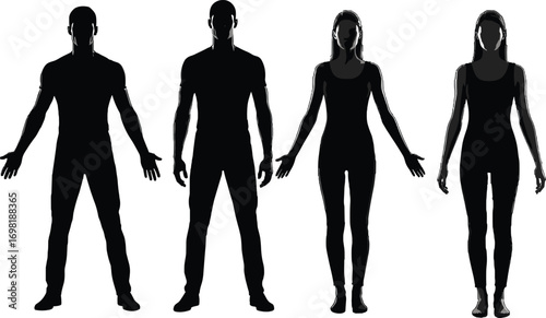 Silhouettes of Diverse Individuals Standing in Various Poses, Representing Human Figures and Body Shapes