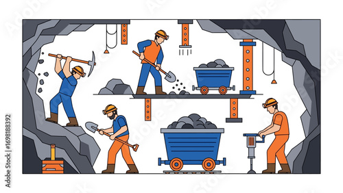 Beneath the Surface: A detailed illustration captures the intricate world of mining, depicting various miners diligently working.