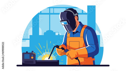 Welding Skill and Precision: a focused artisan expertly maneuvers a welding torch, creating bright sparks in an industrial setting, focused craft