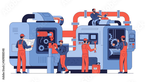 Industrial Teamwork: A group of skilled workers collaborates on the maintenance and operation of advanced machinery, symbolizing industry and precision. 