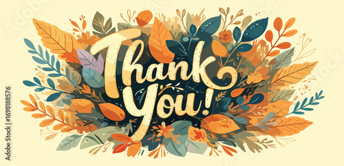 A beautiful "Thank You!" message surrounded by a vibrant and artistic array of autumn leaves and foliage in warm, earthy tones