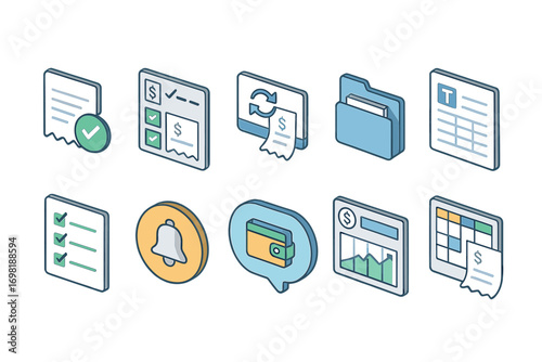 Finance and productivity icon set. flat business tools, documents, charts collection