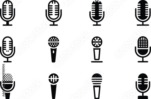 Collection of diverse microphone icons representing audio recording and broadcasting.