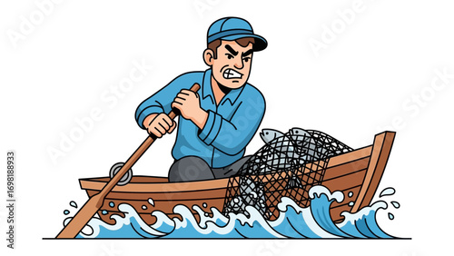 A Day's Catch: An determined fisherman navigates the waves in a small boat, his net filled with a day's bounty. This illustration captures the dedication and struggle.
