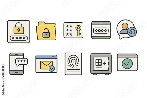 Security icon set: linear style icons for privacy, password, and data protection