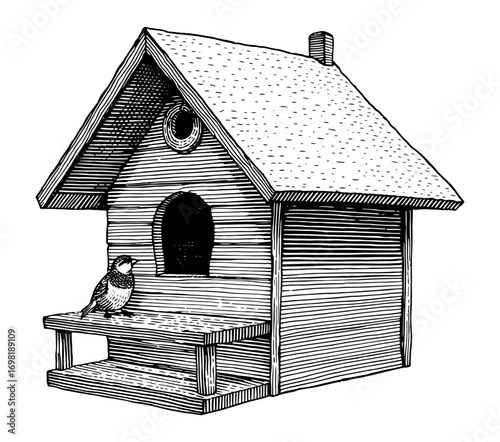 Detailed line drawing of a small songbird on a classic wooden birdhouse