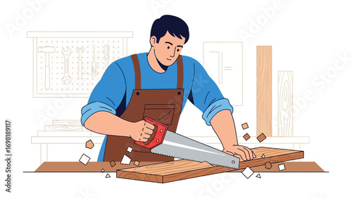 Carpenter Crafting: A skilled carpenter meticulously saws through a wooden plank, showcasing the artistry and dedication involved in woodworking and craftsmanship. 