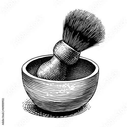 Shaving brush and bowl in a vintage engraving style, black and white