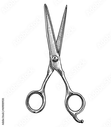 Hairdressing shears in engraved style, black and white
