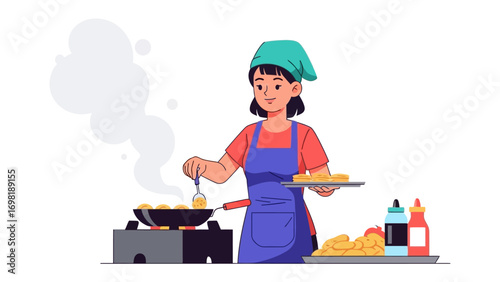 Culinary Creations: A skilled chef meticulously prepares a delectable dish in a bustling kitchen. The aroma of savory ingredients fills the air.