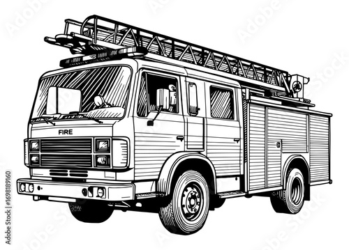 Hand-drawn sketch of a firetruck in black and white