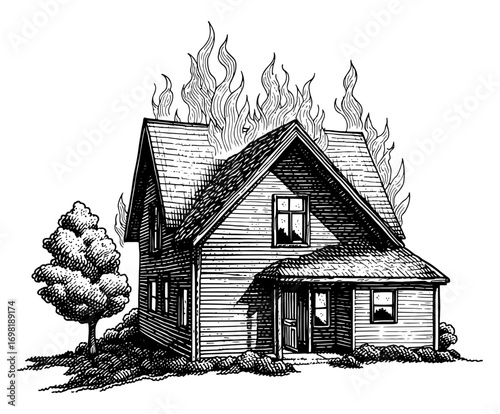 Woodblock print style illustration of a small house on fire in black and white