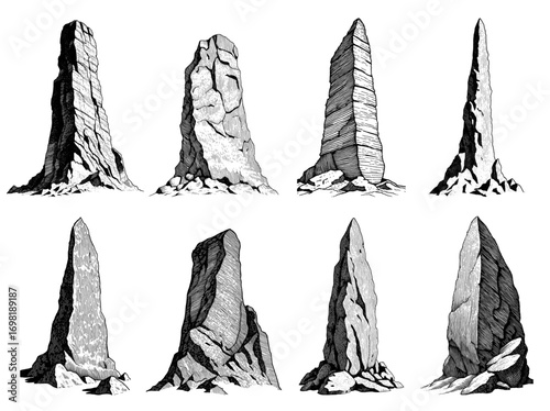 Set of tall rock formations in a detailed crosshatch style, in black and white