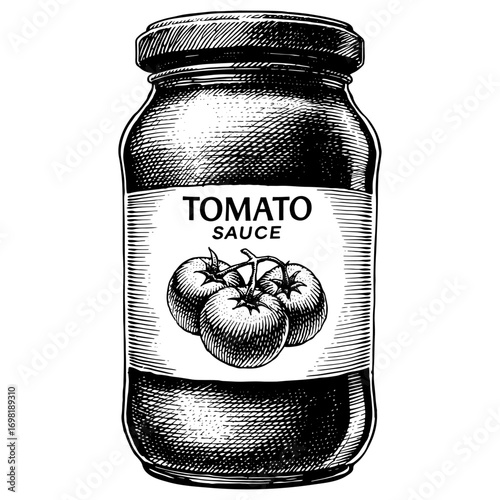 A vintage jar of tomato sauce in a hand-drawn black and white style