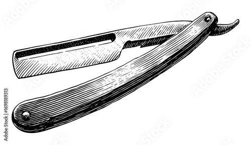 Straight razor in vintage etching style, black and white