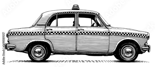 Vintage taxi cab in classic printmaking style, black and white