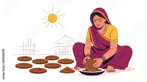 Crafting Tradition: A woman embodies cultural heritage as she skillfully prepares traditional items. This image captures the essence of age-old practices, set against a backdrop of simple.