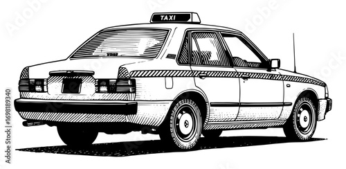 Taxi cab rear view illustration in a linocut style in black and white