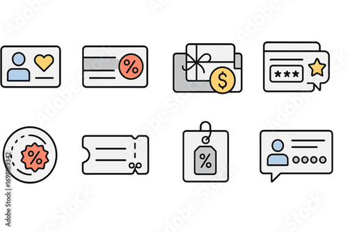 Discount, loyalty flat icon set. coupon, membership, tag, voucher icons collection